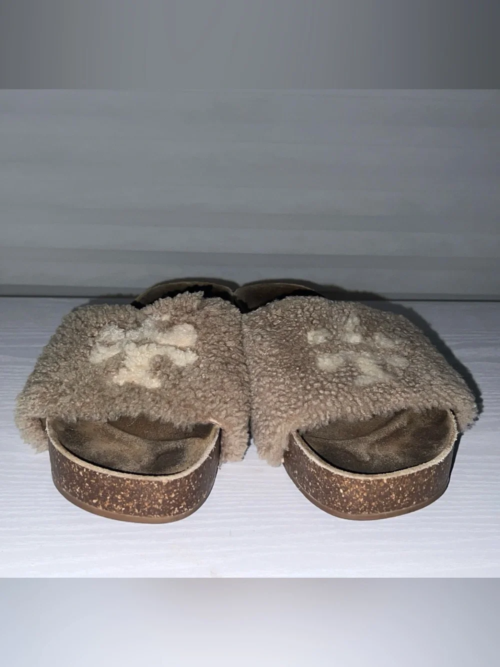 Tory Burch Beige Shearling Platform Slide Sandals